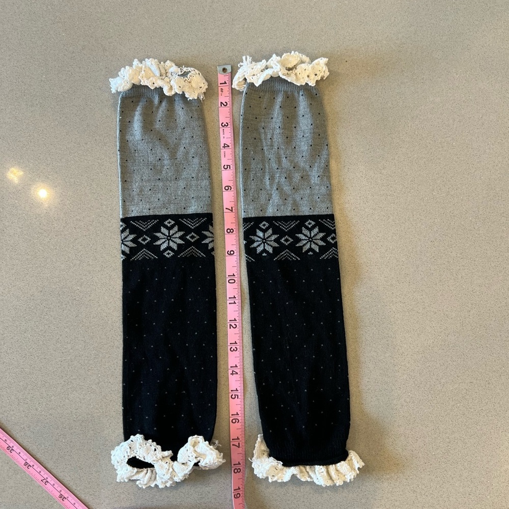 Black and Gray Knit Leg Warmers with Ruffle Trim